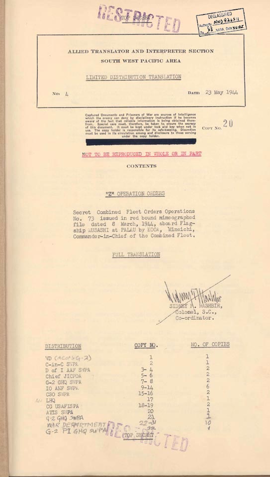 Detail of first page of the translated "Z" Plan. Photo by www.archives.gov/publications