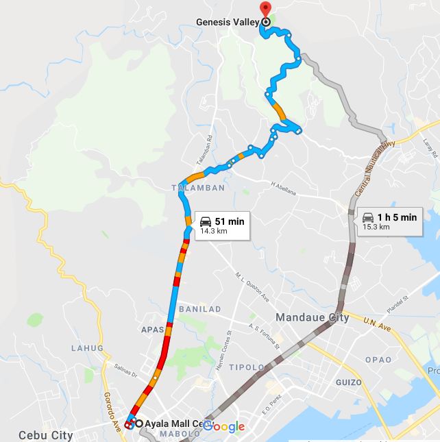 Map From Ayala Center Mall to Genesis Valley Mountain Resort