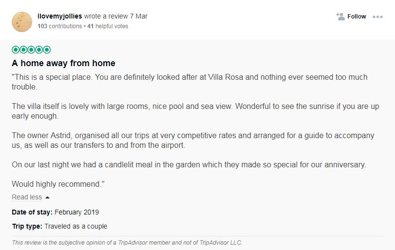 Traveler's review on Villa Rosa. Screengrab from Villa Rosa